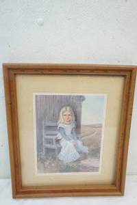 lot 148 image: Plastic Framed Picture of Little Girl on a Bench with a cat