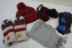 lot 192 image: Mukluks Mittens, Ski Gloves, AJ Mitts, red hat, scarf