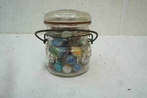lot 233 image: Variety of Marbles in a Vintage Sealfast Jar