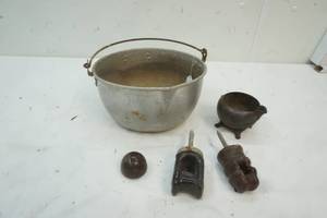 lot 267 image: Vintage Aluminum Cooking Pot, telephone insulators, & Silver plated  pot
