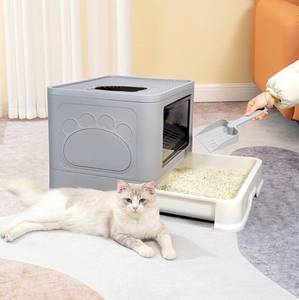 lot 172 image: Portable Cat Litter Box With Scoop Enclosed Drawer Folding Pet Poop Basin Toilet