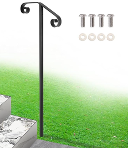 lot 442 image: Single Post Railing, Wrought Iron Post Mount Step Grab Supports in Ground Long Post Fits 1 or 2 Steps, Black