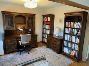 lot 1 image: High Quality Emery Park Richmond Collection (Tobacco Finish) - Executive DeskCredenzaHutch, Two Open Bookcases, Chair, Desk Lamp, and Lateral File Cabinet ($8,000 Original Purchase Price)
