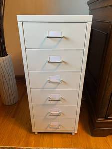 lot 16 image: White IKEA Helmer Rolling Metal Drawer Unit (27H x 16D x 11W) in Excellent Condition