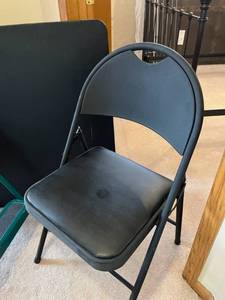 lot 58 image: Cosco Card Table (33.75 x 33.75), Metal Folding Chair w Padded Seat, and Step Ladder in Excellent Condition.
