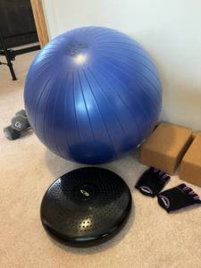 lot 63 image: Exercise Equipment - 65 cm Balance Ball, 10lbs and 12lbs Dumbbells, and More