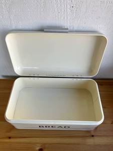 lot 95 image: Now Designs Metal Bread Bin with Hinged Ivory Lid (16.5 W x 9 D x 6.5 H) in Excellent Condition