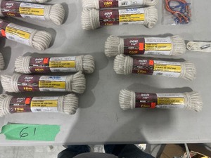 20 SOFT SASH CORD, 2 - 30 METER TWISTED ROPE, 2 TIE DOWNS, & CAMPING ROPE