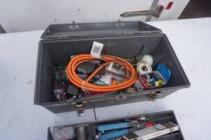 lot 63 image: Tuff Box Tool Box With Soldering Gun, Solder, and Assorted Electrical Products