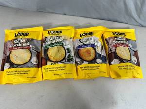 lot 136 image: 4 New Lodge Cast Iron Skillet Cornbread Mixes