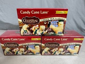 lot 192 image: 3 New Boxes of Celestial Candy Cane Lane Green Tea Decaf