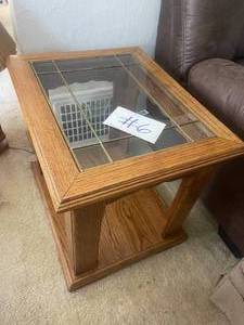 lot 6 image: OAK COFFEE TABLE and END TABLE SET with LEADED GLASS  TOPS.