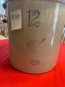 lot 149 image: 12 GALLON RED WING ANTIQUE POTTERY CROCK RARE DECEMBER 21 ST , 1915.