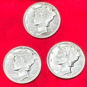Lot of 3 Mercury Dimes from 1936 (one from each mint)