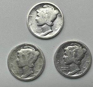 Lot of 3 Mercury Dimes from 1917 (one from each mint)