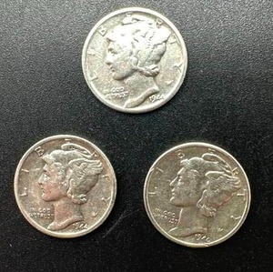 Lot of 3 Mercury Dimes from 1944 (one from each mint)