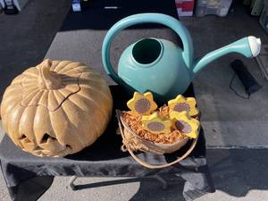 lot 11 image: Garden Decorations including Pumpkin and Plastic Watering Can