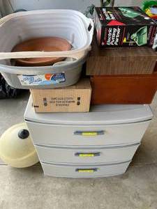 lot 54 image: 3 Drawer Plastic Storage Cabinet  Electric Putting Partner  Lamp Cover  Plastic Kitty Litter Box