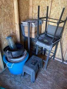 lot 93 image: Patio Chairs  Step Stool  Hanging Bird Feeder  1 Bucket