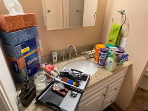lot 369 image: Kleenex, Soap Dispensers, Hair Trimmer, Nail Trim Kit, Caulk, Shower Curtain Hangers, Misc. Perfumes, Disposable Gloves, etc.