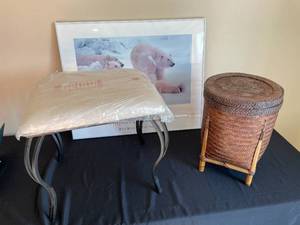 lot 372 image: Bad Boys of the Arctic Picture, Round Wicker Storage Footed Basket w Lid, Cream Ottoman