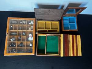lot 229 image: Shadow Box w Animal Figurines, Miniature Cars Plus 3 Dresser Top Jewelry Boxes (one w Latin Language)