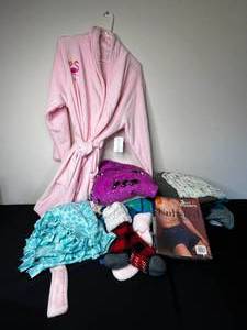 lot 244 image: Pink Robe Sz M w Tag, Womens Fleece PJ Bottoms, Fleece Blanket, Mens Sz Large Boxers in Package, Womens Shirts Various Szs and 2 Pr of Slipper Socks