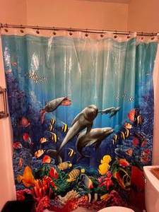 lot 249 image: Shower Curtain, 2 Aloha Turtles Wall Art 17 x 14,  Trash Can, 2 Rugs & More