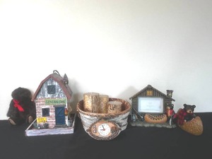 lot 266 image: Lot of RusticCabin Decorations Inc Candles, General Store, Clock, Teddy Bear Frame, Teddy Bear & More