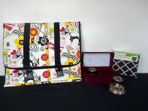 lot 279 image: Tri-Fold Sewing Accessory Organizer, Set of 2 Candle Sticks, Set of 2 Mini Storage Bins