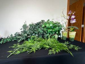 lot 280 image: 2 Artificial Flowers in Pots, Artificial Plant in Woven Basket w Foliage