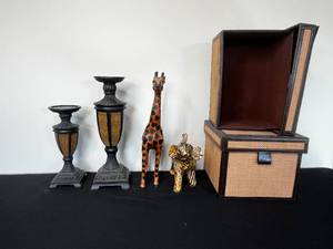 lot 281 image: Safari Themed Home Decor - Elephant, Giraffe, Set of 2 Pedestal Candle Holders, 2 Storage Boxes