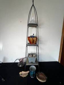 lot 285 image: 3 Tier Shelf, Fountain (untested), various vases and other home decor