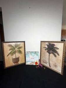 lot 401 image: Two Palm Tree 17.5 x 21.5 Framed Prints, Just Another Day in Paradise Decorative Plaque, Flamingo on Slinky