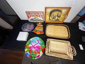lot 402 image: Ceramic Warming Pad Basket Weave, Stackable Woven Trays w Grape Design, Flamingo Tray, Grandmas Kitchen Sign, Candy Corn Tray & More