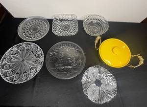 lot 296 image: MCM 9 Divided Miramar Ovenproof Serving Dish in Gold Holder, Footed 12 Crystal Platter, Mikasa 9 Frosted Flower Glass Candy Bowl & More Misc Crystal Serving Pcs