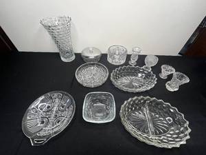 lot 297 image: Lot of Crystal ServingDecorative Pcs Inc 10 Crystal Vase, 2 Divided Serving Trays, Covered Bowl, Small Serving Spoon & Much More