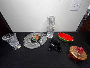 lot 298 image: MCM Draped Glass Iridescent Candle HolderCandy Dish, VTG Amberina Carnival Glass Footed Candy Bowl, 12 Lead Crystal Vase, Watermelon Bowl, Glass Candies in Bowl & More