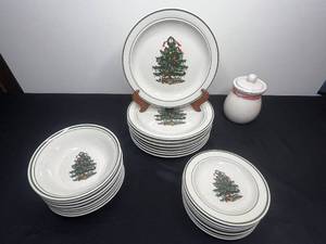 lot 301 image: 8 Pc Place Setting of Stoneware Christmas China - Dinner Plates, Bread Plates, Salad Bowls & Grannys Baked Apples Candle