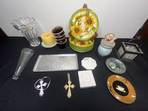 lot 302 image: 6 Hand Painted Provincial Sunflower Plates 8, Oil w Light Bulb Ring, Candles, 8 Crystal Vase, 4 Pfaltzgraff Crocks 3.5w & More