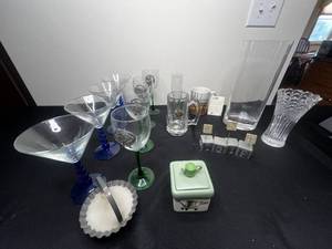 lot 303 image: 4 Santa Wine Glasses, 4 Cocktail Glasses w Blue Bubble Stems, 7 Crystal Vase w Hearts, 12 Lead Crystal Vase, Terry Redlin Mug, TGIF Figurine & More