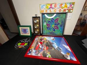 lot 307 image: Anne Geddes Framed Print 12.5 x 10.5, Mario Framed Puzzle 19w x 25t, Barimeter, Welcome Sign, Framed Floral Piece 19.5 x 19.5