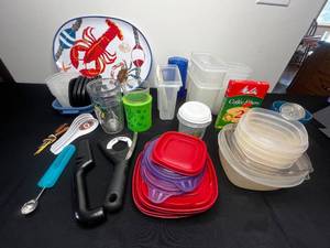 lot 316 image: Lot of Food Containers & Lids (unmatched), Glasses, Plastic Lobster Platter, Meat Thermometer, Soup Spoons & More