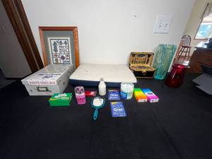 lot 324 image: Cosmetic Travel Case, Travel Health & Beauty Products, PhotoVideo Box, 16 x 13.5 Home Sweet Home Framed Needlepoint, 11 Decorative Vase, Family Flower Farm Red Vase 6.5