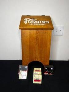 lot 330 image: Wooden Food Storage Container 23T x 11W x 9D W Potatoes Written on Lid, 7 Boxes of Canning Lids