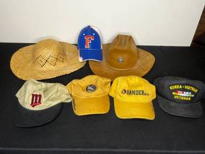 lot 102 image: Lot of Hats Inc Nice Cowboy Hat, Straw Hat and Bag Full of Baseball Caps (FL Gator Cap w Tag)