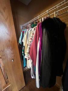 lot 406 image: Closet Contents Inc Genuine Leather Coat w Fox Fur Hood Liner Sz L, Fleece Shirts, Pullovers, Eddie Bauer Heavy Long Sleeve Shirt Sz L & More