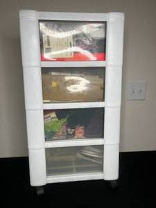 lot 407 image: 4 4 Drawer Plastic Organizer 30T x 8W x 16D w Contents Inc Crochet Yarn, Misc Craft Supplies, Elastic, Sewing Accessories & Misc Sewing Materials