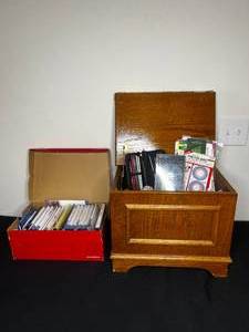 lot 408 image: Sewing Chest w Broken Hinge, Yarn, Crochet Hooks, Misc Crochet Tools, Box Full of Embroidery & Quilting DVDs & More
