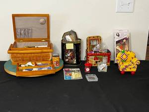 lot 425 image: Tins of Decorative Buttons, Rhinestone Setter, Lazy Susan, Sewing Basket w Needles & Thread, Pin Cushion, ETC